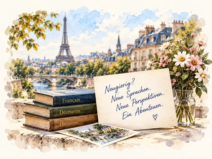 Aquarell von Paris mit Büchern, Blumen und einer handgeschriebenen Einladung