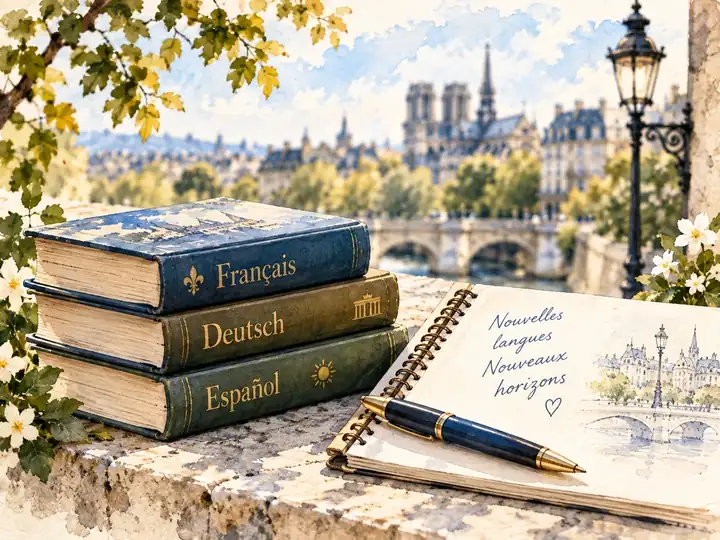 Aquarell von Sprachbüchern und Notizen
